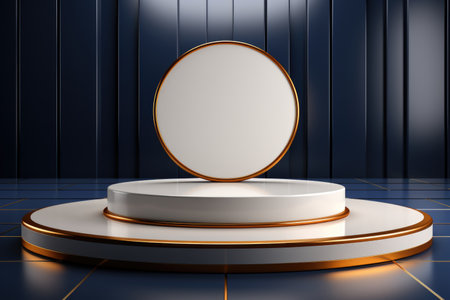 A white pedestal with a gold rim on a blue floorの素材