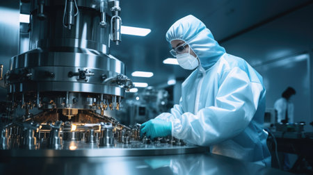 In a controlled clean room environment, scientists, masked and gloved, collaborate on biotechnological solutions with precisionの素材