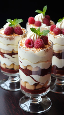 Three desserts with raspberries and whipped cream, Valentines Day dessertsの素材