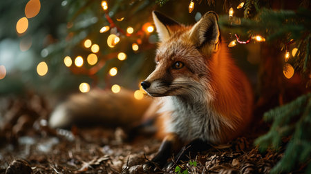 A red fox sitting under a christmas treeの素材