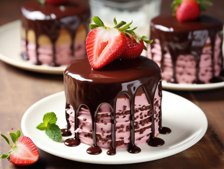 A chocolate cake with a strawberry on top of it, Valentines Day dessertsの素材