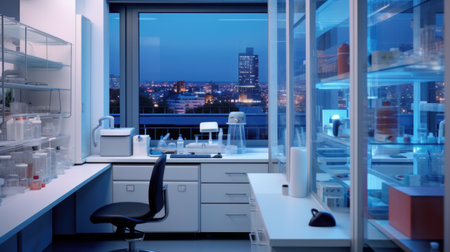A laboratory with a view of a city at night. Research laboratory interior with equipment, work benches and shelvesの素材