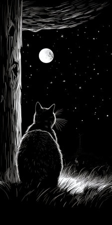 A black and white drawing of a cat sitting under a treeの素材