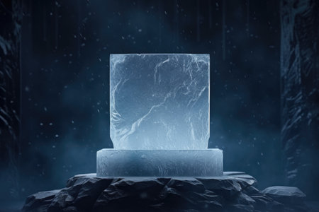 An ice block sitting on top of a rock. Empty blank podium or stage with copy-space.の素材