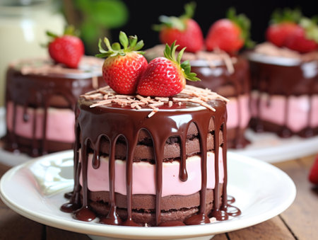A close up of a chocolate cake with strawberries on top, Valentines Day dessertsの素材