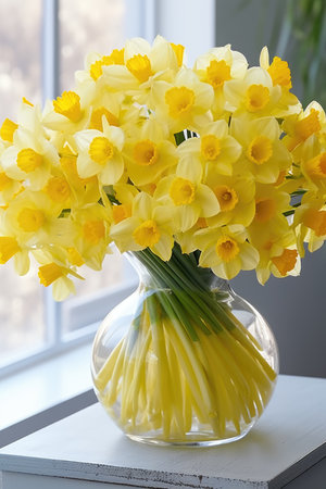 A vase filled with yellow flowers sitting on a table, spring daffodils flowers wallpaperの素材
