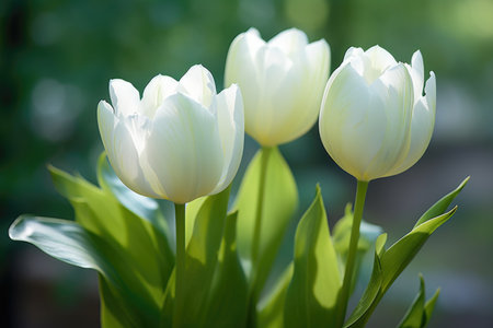 Three white tulips with green leaves in a vaseの素材