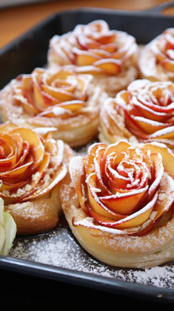 A tray filled with pastries covered in powdered sugar, Valentines day desserts.の素材
