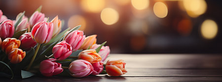 A bunch of pink and orange tulips on a table, copy-space, place for textの素材