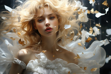 A woman in a white dress surrounded by flowersの素材