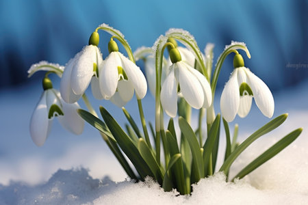 A group of snowdrops in the snow, early spring flowers, snowdrops.の素材