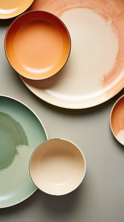 A table topped with different colored plates and bowlsの素材