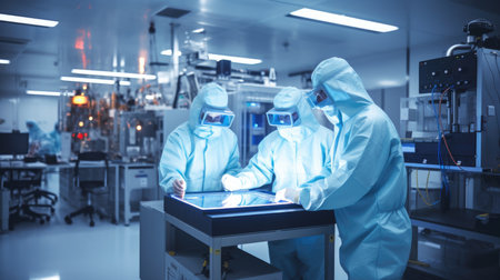Dressed in sterile protective clothing, scientists working in a controlled clean room environment in biotech companyの素材