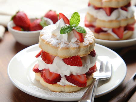 A stack of strawberry shortcakes with whipped cream and strawberries, Valentines day desserts.の素材