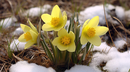 A group of yellow flowers in the snow, winter or early spring flowersの素材
