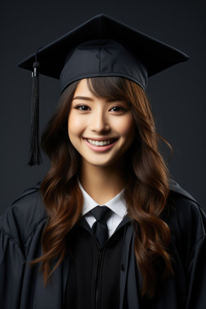 A woman wearing a graduation cap and gownの素材