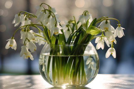 A vase filled with white flowers sitting on a table, early spring flowers, snowdrops.の素材