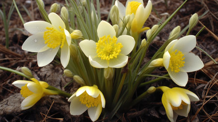 A close up of a bunch of flowers in the dirt, winter or early spring flowers.の素材