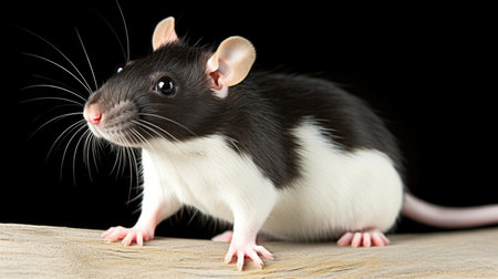 A black and white rat sitting on top of a wooden table, laboratory animal, testing model for researchの素材