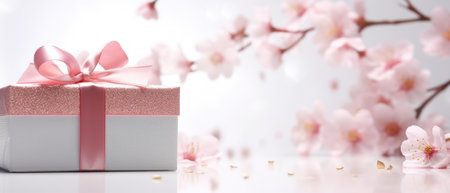 A pink and white gift box with a pink bow, spring, springtime background, Mothers day greeting card.の素材