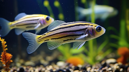A couple of fish that are swimming in a tankの素材
