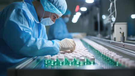 Draped in protective coveralls, a worker oversees a conveyor belt with medications in a clean roomの素材