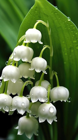 A close up of a bunch of white flowers, lily of the valley flowers, isolated on white backgdoundの素材