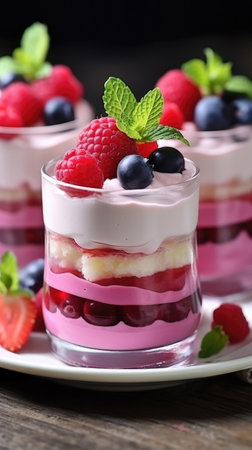 Three desserts on a plate with berries and mint leaves, Valentines day desserts.の素材