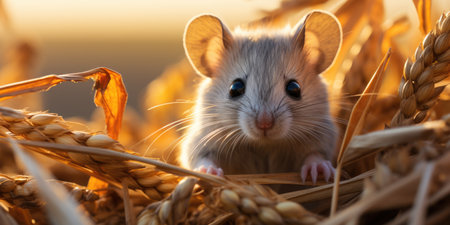 A mouse sitting in a field of wheat, rodent pest control concept pictureの素材