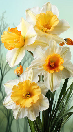 A bunch of white and yellow flowers in a vase, white and orange spring daffodil flowersの素材