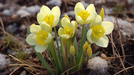 A group of yellow flowers growing out of the ground, winter or early spring flowers.の素材