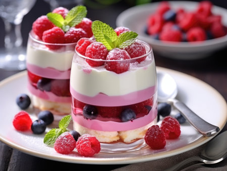 Two desserts on a plate with berries and mint leaves, Valentines day desserts.の素材