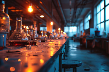 A bar with a lot of bottles on it, imaginary dystopic laboratory interior with cyan and orange lightsの素材