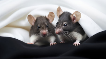Two rats are peeking out from under a blanket, laboratory animal, testing model for researchの素材
