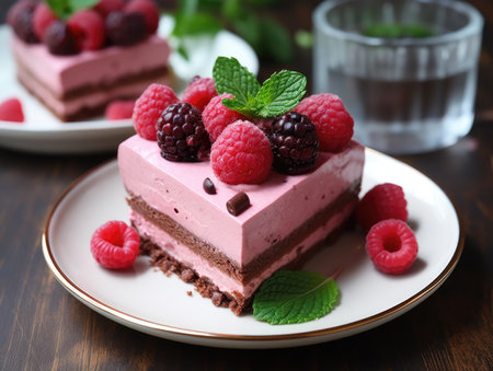 A piece of cake on a plate with raspberries and mint leaves, Valentines day desserts.の素材