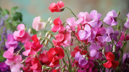 A bunch of pink and purple flowers in a vase, spring flowers, sweet peaの素材