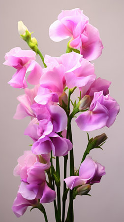 A vase filled with pink flowers on top of a table, pink colored sweet pea flowersの素材