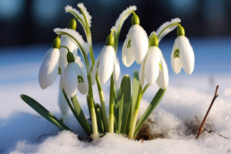 A group of snowdrops in the snow, early spring flowers, snowdrops.の素材