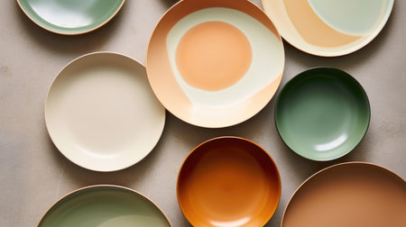 A bunch of different colored plates on a tableの素材