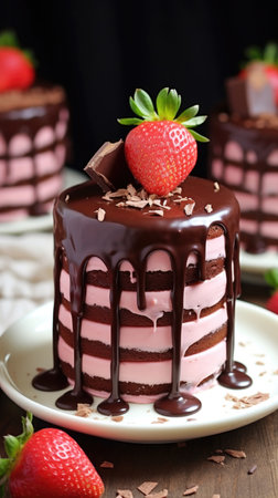 A chocolate cake with a strawberry on top, Valentines Day dessertsの素材