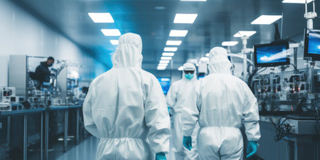 Dressed in sterile protective clothing, scientists working in a controlled clean room environment in biotech companyの素材
