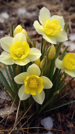 A group of yellow flowers growing out of the ground, winter or early spring flowersの素材