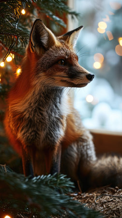 A close up of a fox near a christmas treeの素材