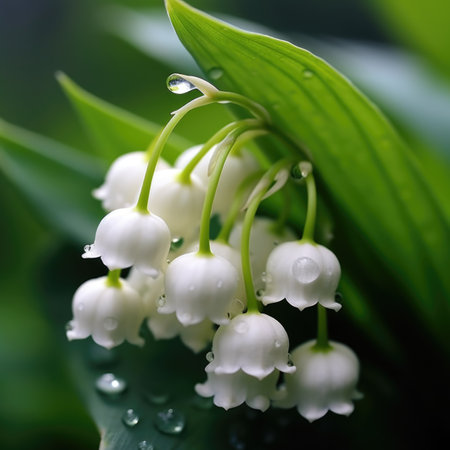 A close up of a bunch of white flowers, lily of the valley flowers, isolated on white backgdoundの素材