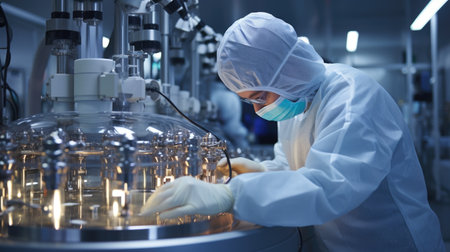 Clad in protective coveralls, a worker manages a chemical reactor in a clean roomの素材