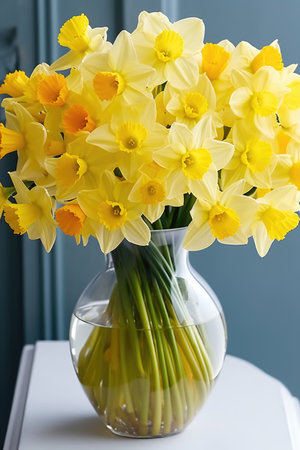 A vase filled with yellow flowers on top of a table, spring daffodils flowers wallpaperの素材