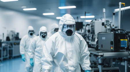 In a controlled clean room environment, scientists, masked and gloved, collaborate on biotechnological solutions with precisionの素材