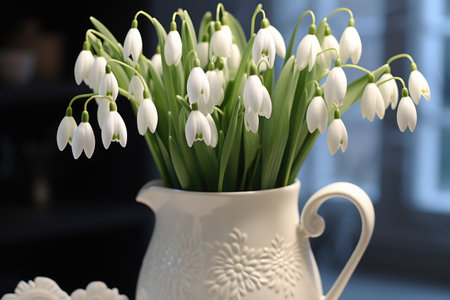 A white vase filled with white flowers on top of a table, early spring flowers, snowdrops.の素材