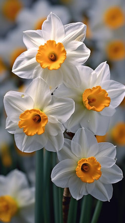 A bunch of white and yellow flowers in a field, white and orange spring daffodil flowersの素材