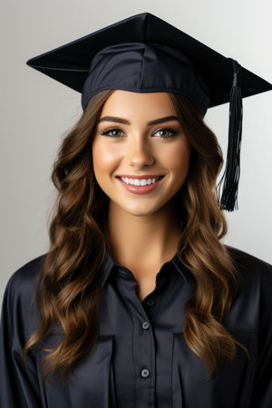 A woman wearing a graduation cap and gownの素材